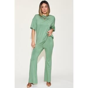 BASIC BAE Sage Green Two Piece Bamboo Drop Shoulder T-Shirt Flare Pants Set NEW
